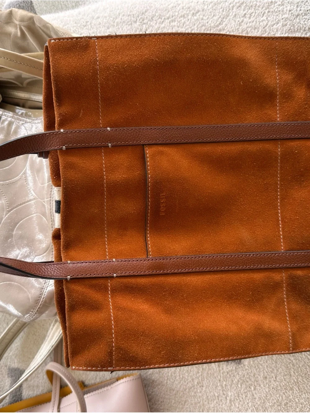 Fossil suede Stripe Tote Bag - Rust Brown
